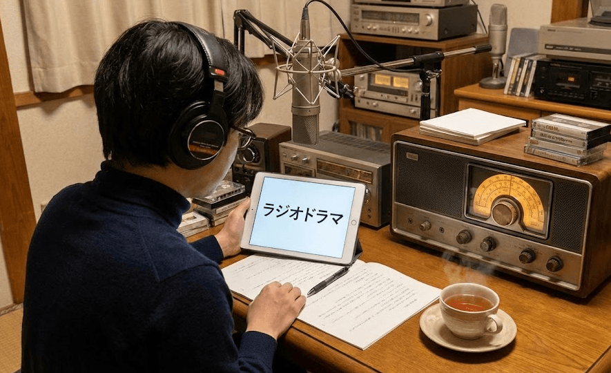 Man with headphones among old stereo equipment recording radio drama